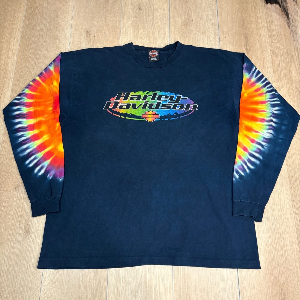 Vintage Harley Davidson Rainbow Tie Dye Sleeve Long Sleeve Shirt XL Black 2003